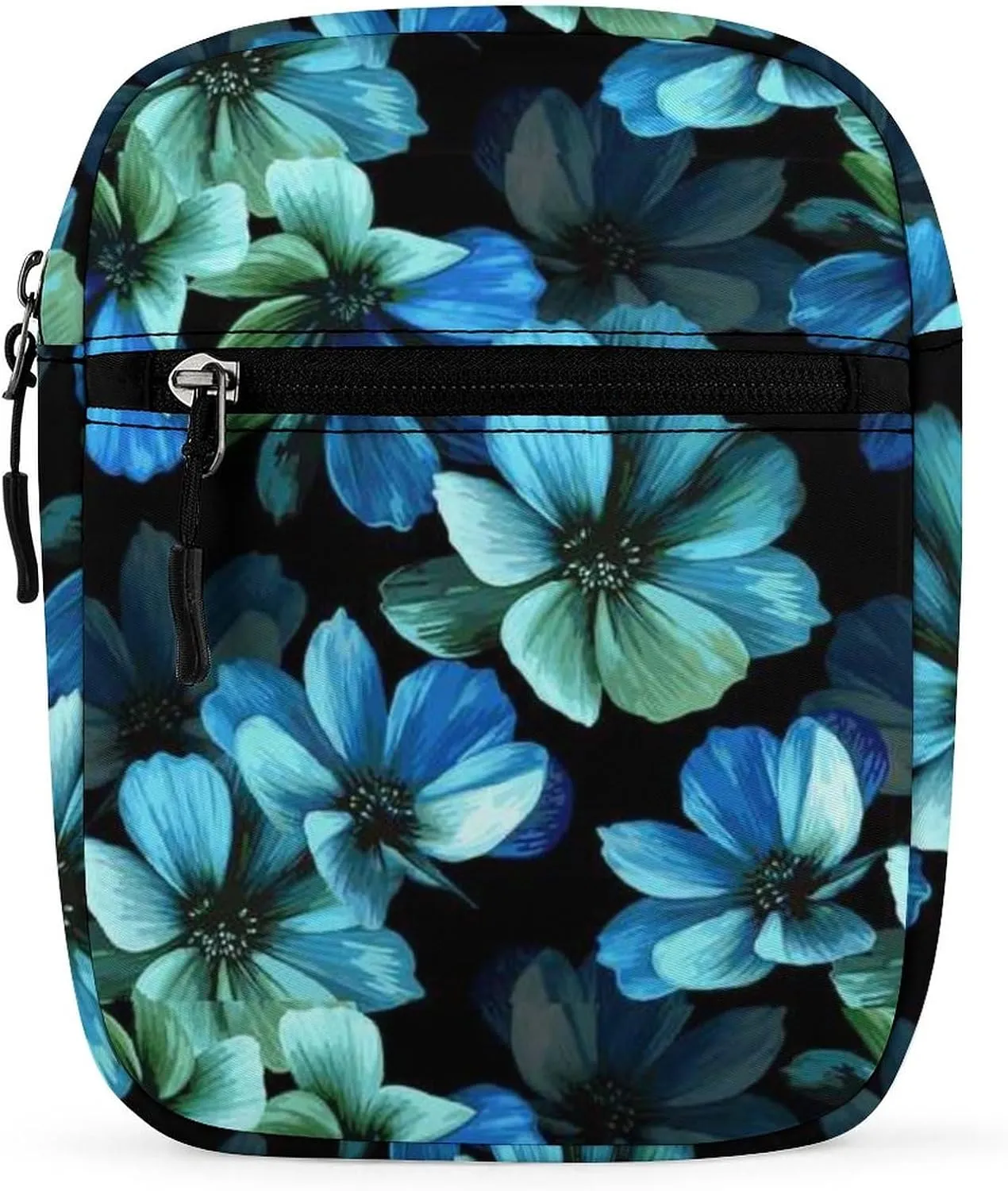 Seamless Mysterious Beautiful Blue Turquoise Flowers on Black Adjustable Fanny Waist Pack Pouch, Waterproof Crossbody Runners Bag Wallet for Gym Hiking Fitness Women Men 6.1 x 2.2 x 7.9 inch