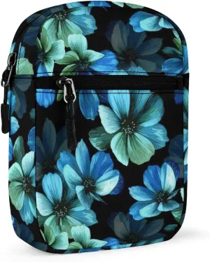 Seamless Mysterious Beautiful Blue Turquoise Flowers on Black Adjustable Fanny Waist Pack Pouch, Waterproof Crossbody Runners Bag Wallet for Gym Hiking Fitness Women Men 6.1 x 2.2 x 7.9 inch