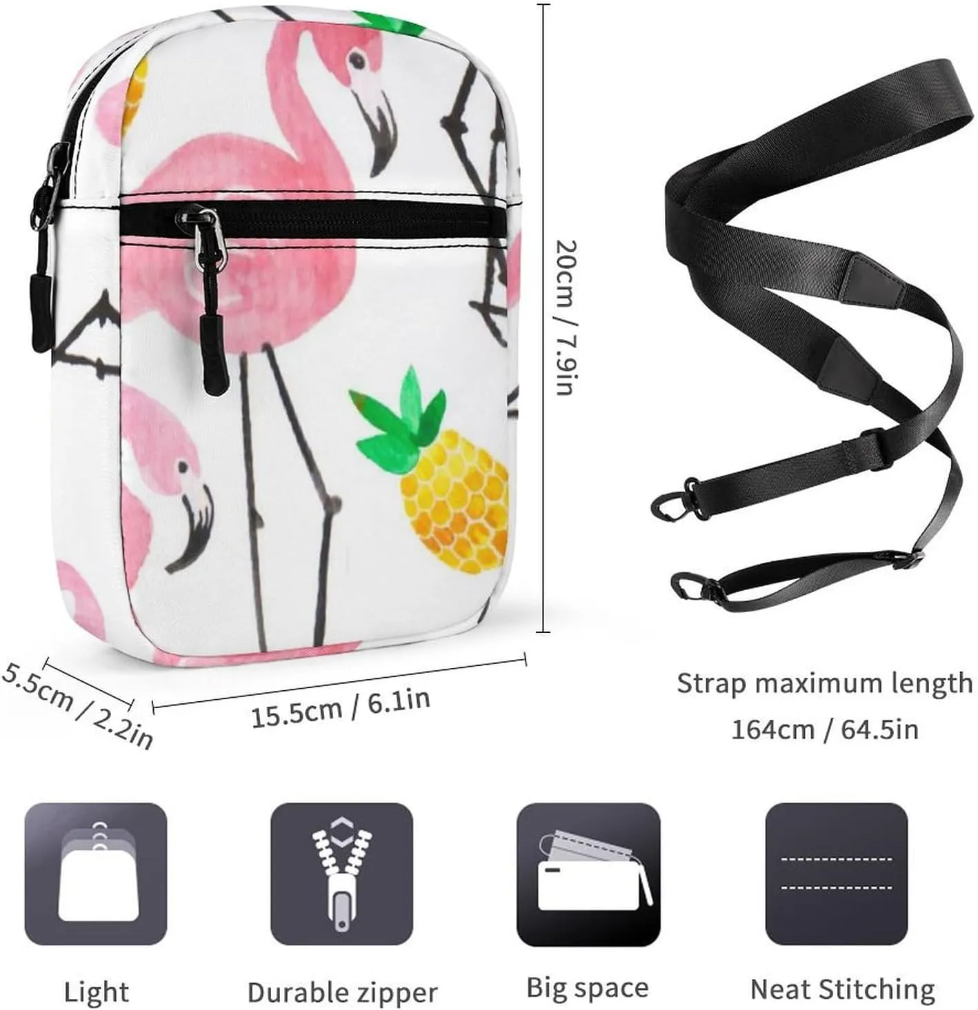 Seamless Watercolor Tropical Pink Flamingo Yellow Pineapple on White Adjustable Fanny Waist Pack Pouch, Waterproof Crossbody Runners Bag Wallet for Gym Hiking Fitness Women Men 6.1 x 2.2 x 7.9 inch