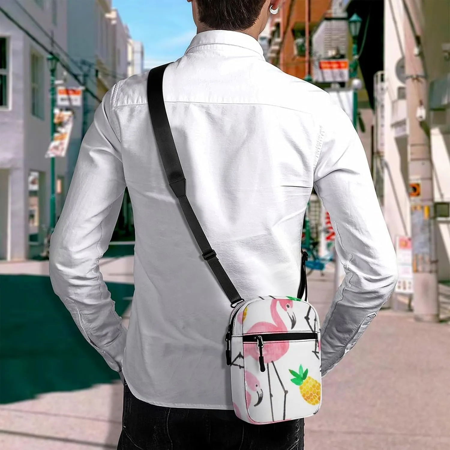 Seamless Watercolor Tropical Pink Flamingo Yellow Pineapple on White Adjustable Fanny Waist Pack Pouch, Waterproof Crossbody Runners Bag Wallet for Gym Hiking Fitness Women Men 6.1 x 2.2 x 7.9 inch
