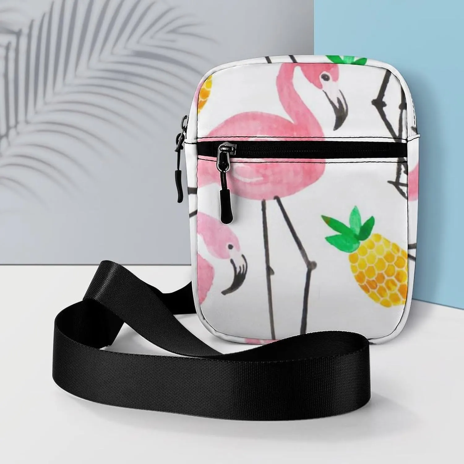 Seamless Watercolor Tropical Pink Flamingo Yellow Pineapple on White Adjustable Fanny Waist Pack Pouch, Waterproof Crossbody Runners Bag Wallet for Gym Hiking Fitness Women Men 6.1 x 2.2 x 7.9 inch