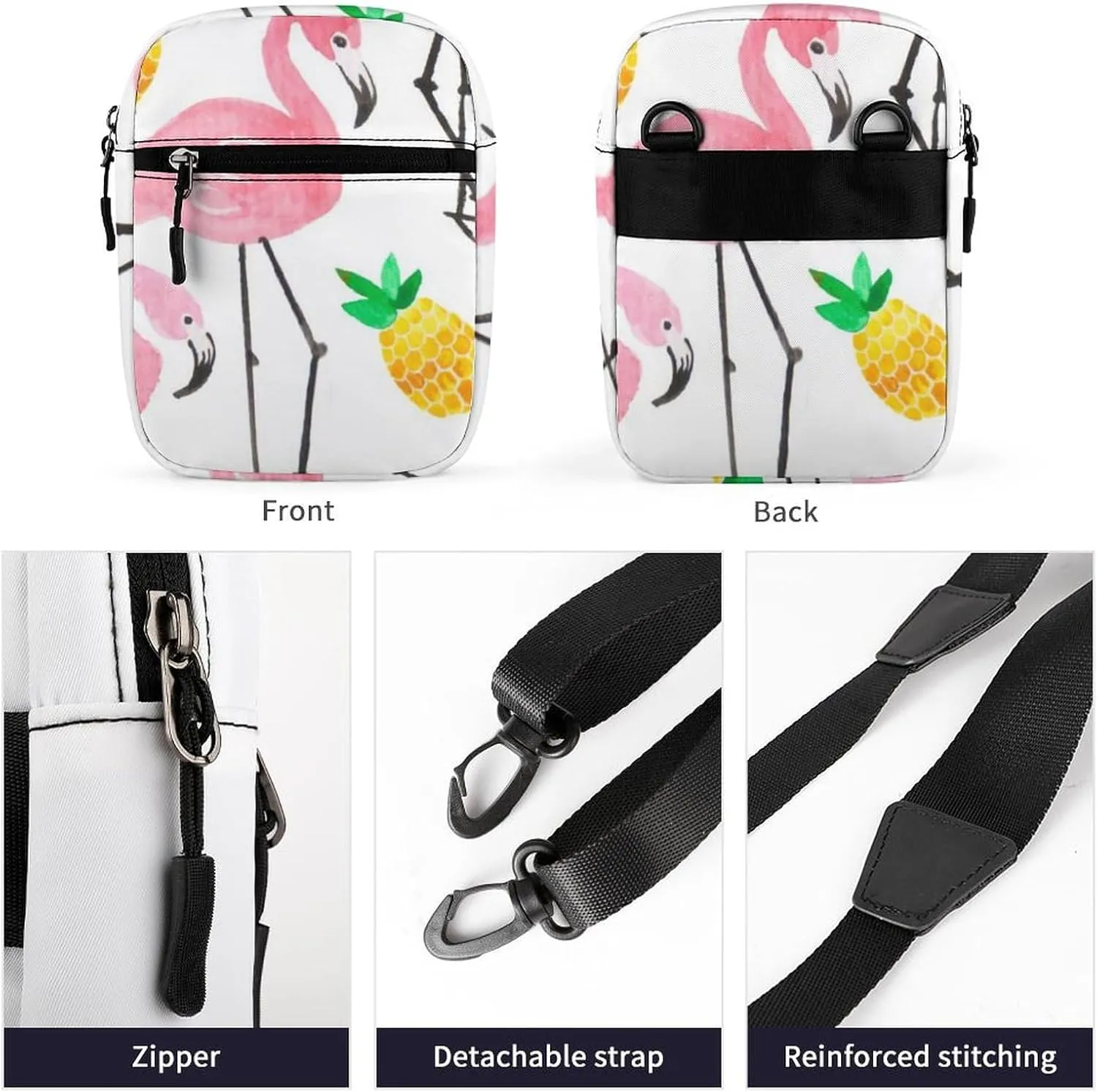 Seamless Watercolor Tropical Pink Flamingo Yellow Pineapple on White Adjustable Fanny Waist Pack Pouch, Waterproof Crossbody Runners Bag Wallet for Gym Hiking Fitness Women Men 6.1 x 2.2 x 7.9 inch