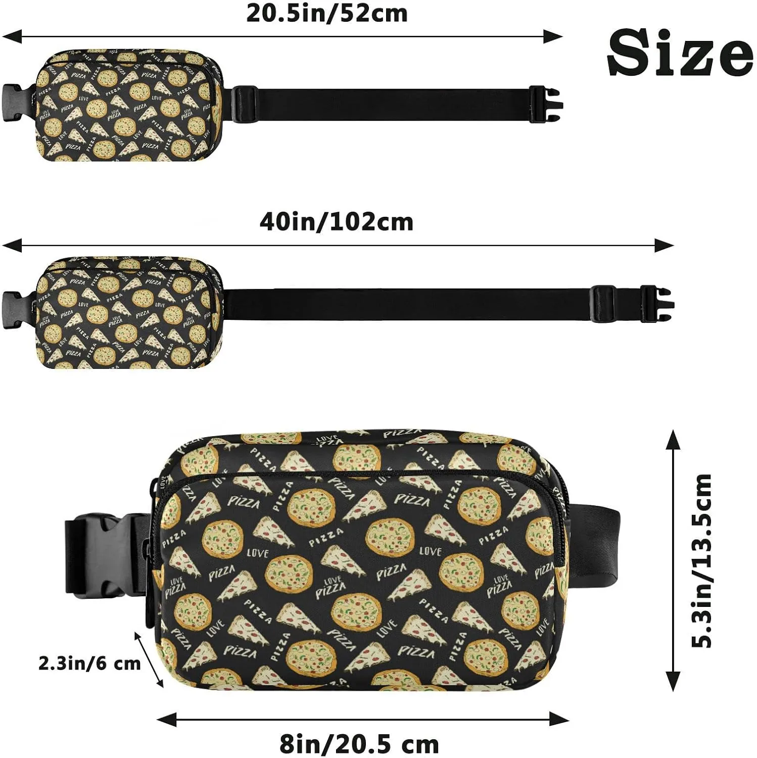 Seamless Yellow Pizza Slice Doodles and Pizza Won Black Adjustable Belt Running Bag, Crossbody Fanny Pack Waist Runners Bag Tote for Women Men Sports Hiking Fitness Exercise Gym Pouch
