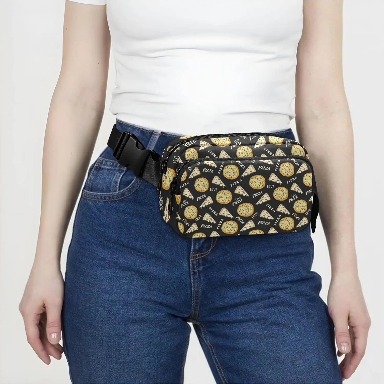 Seamless Yellow Pizza Slice Doodles and Pizza Won Black Adjustable Belt Running Bag, Crossbody Fanny Pack Waist Runners Bag Tote for Women Men Sports Hiking Fitness Exercise Gym Pouch