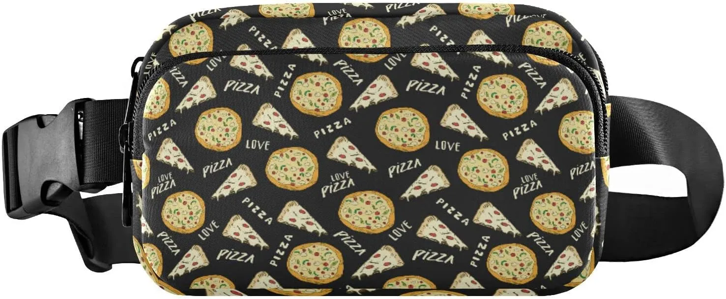 Seamless Yellow Pizza Slice Doodles and Pizza Won Black Adjustable Belt Running Bag, Crossbody Fanny Pack Waist Runners Bag Tote for Women Men Sports Hiking Fitness Exercise Gym Pouch