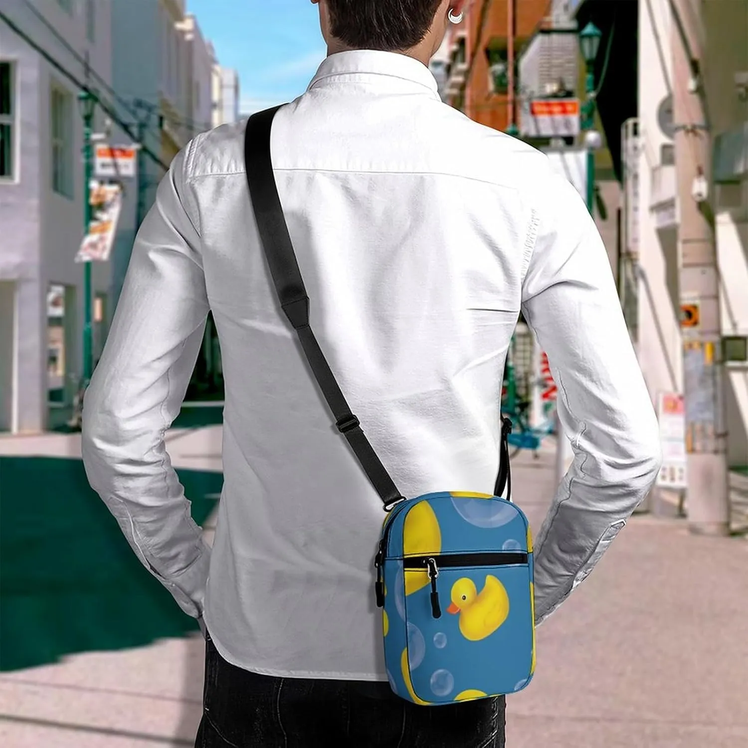 Seamless Yellow Rubber Ducks Soap Bubbles on Blue Adjustable Fanny Waist Pack Pouch, Waterproof Crossbody Runners Bag Wallet for Gym Hiking Fitness Women Men 6.1 x 2.2 x 7.9 inch