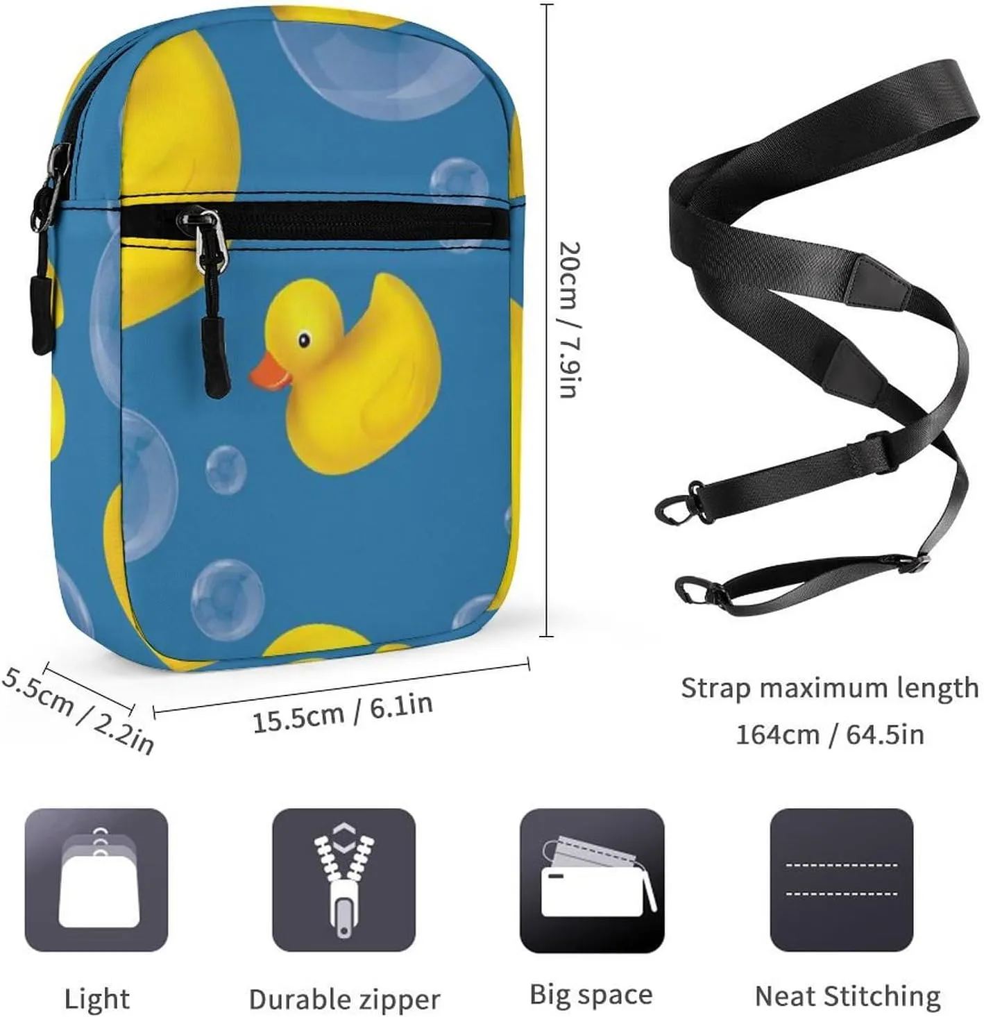 Seamless Yellow Rubber Ducks Soap Bubbles on Blue Adjustable Fanny Waist Pack Pouch, Waterproof Crossbody Runners Bag Wallet for Gym Hiking Fitness Women Men 6.1 x 2.2 x 7.9 inch