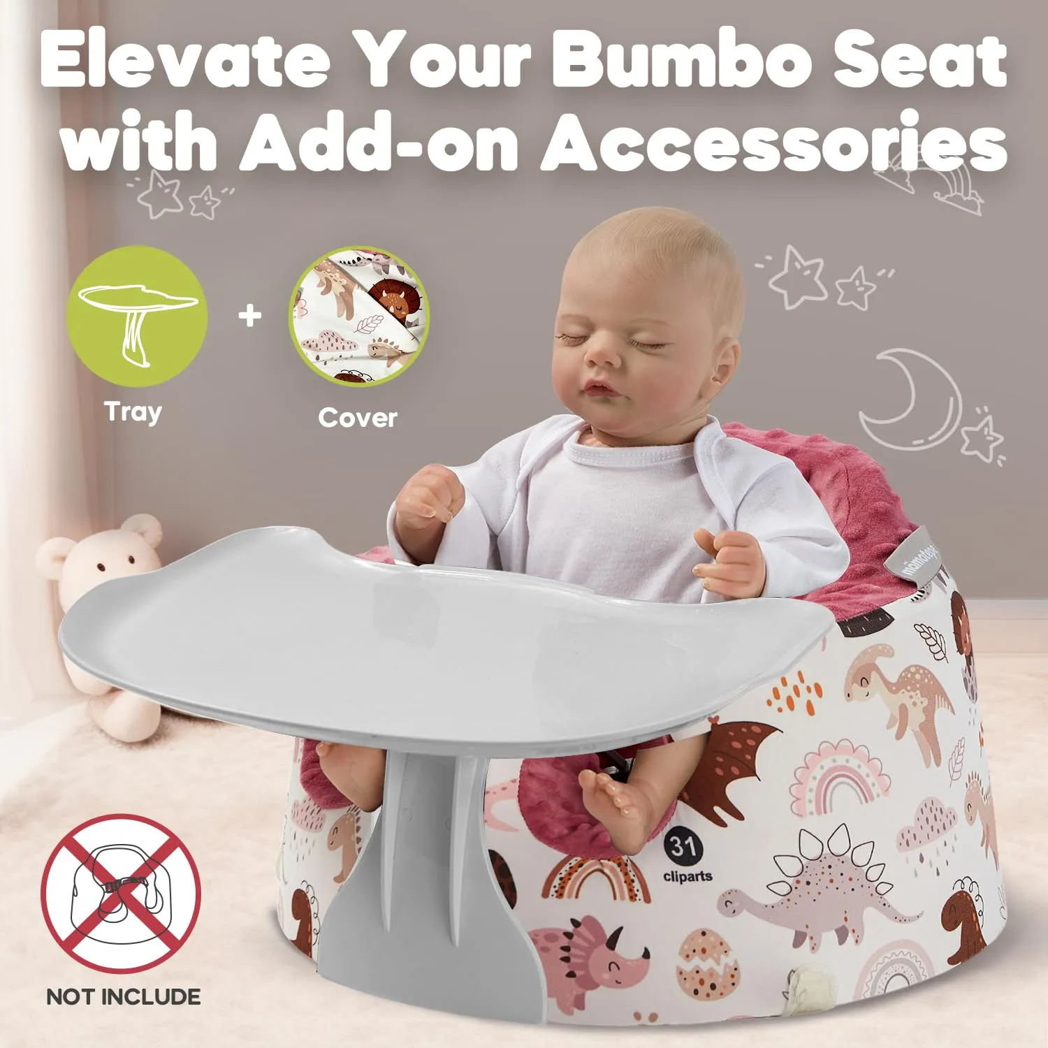 Seat Cover and Tray Sets Accessory Compatible with Bumbo Floor Seat for Baby,Breathable Accessory Compatible with Baby Seat - Easy to Install and Remove - Dinosaur