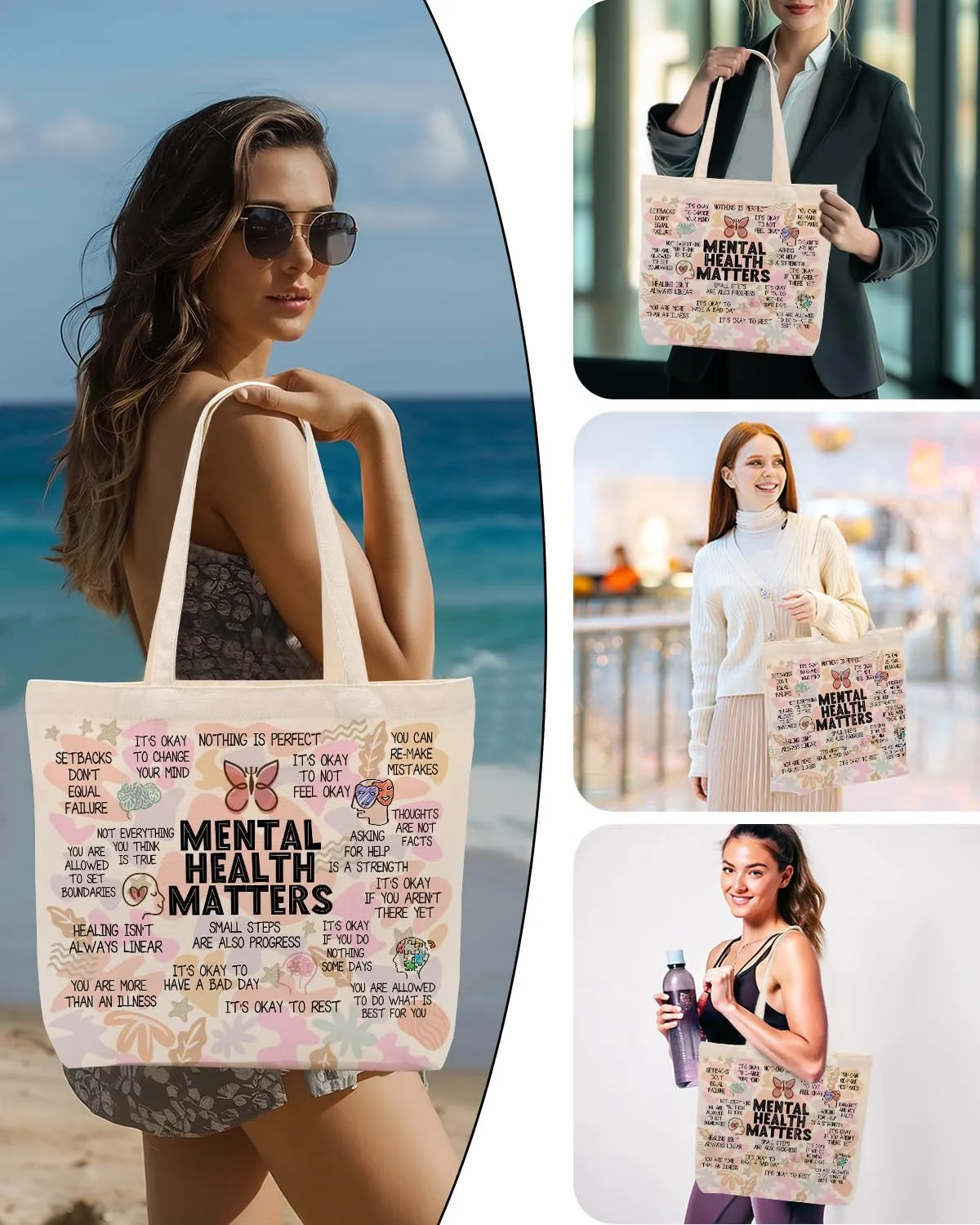 Self Love Daily Affirmations for Women, Inspirational Mom Teacher Nurse Christian Gifts Canvas Tote Bag with Pocket