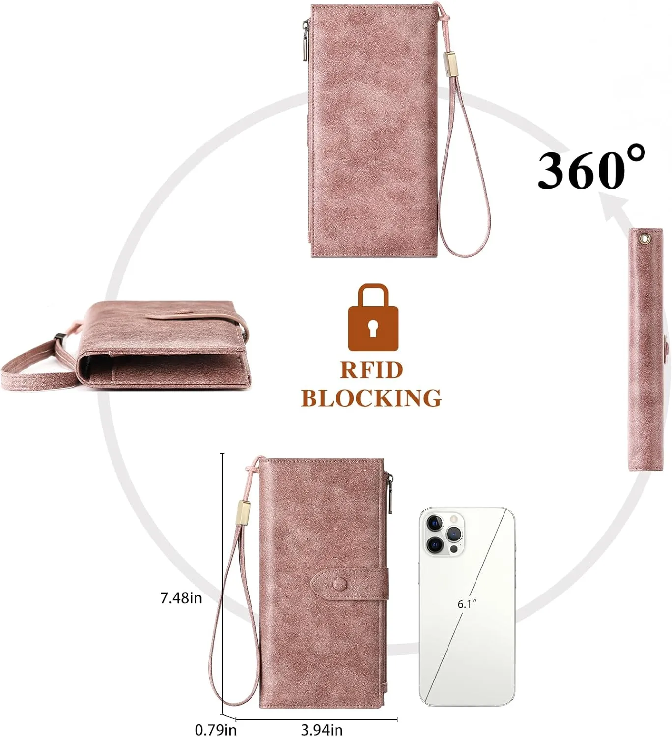 SENDEFN Slim Leather Womens Wallet RFID Blocking Credit Card Holder bifold Ladies Wristlet Purse with Zipper Pocket