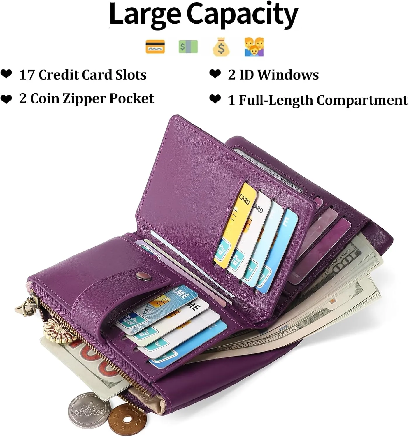 SENDEFN Small Wallet for Women Leather RFID Blocking Wristlet Wallet Credit Card Holder with Double Zipper Coin Purse Ladies Bifold Purse