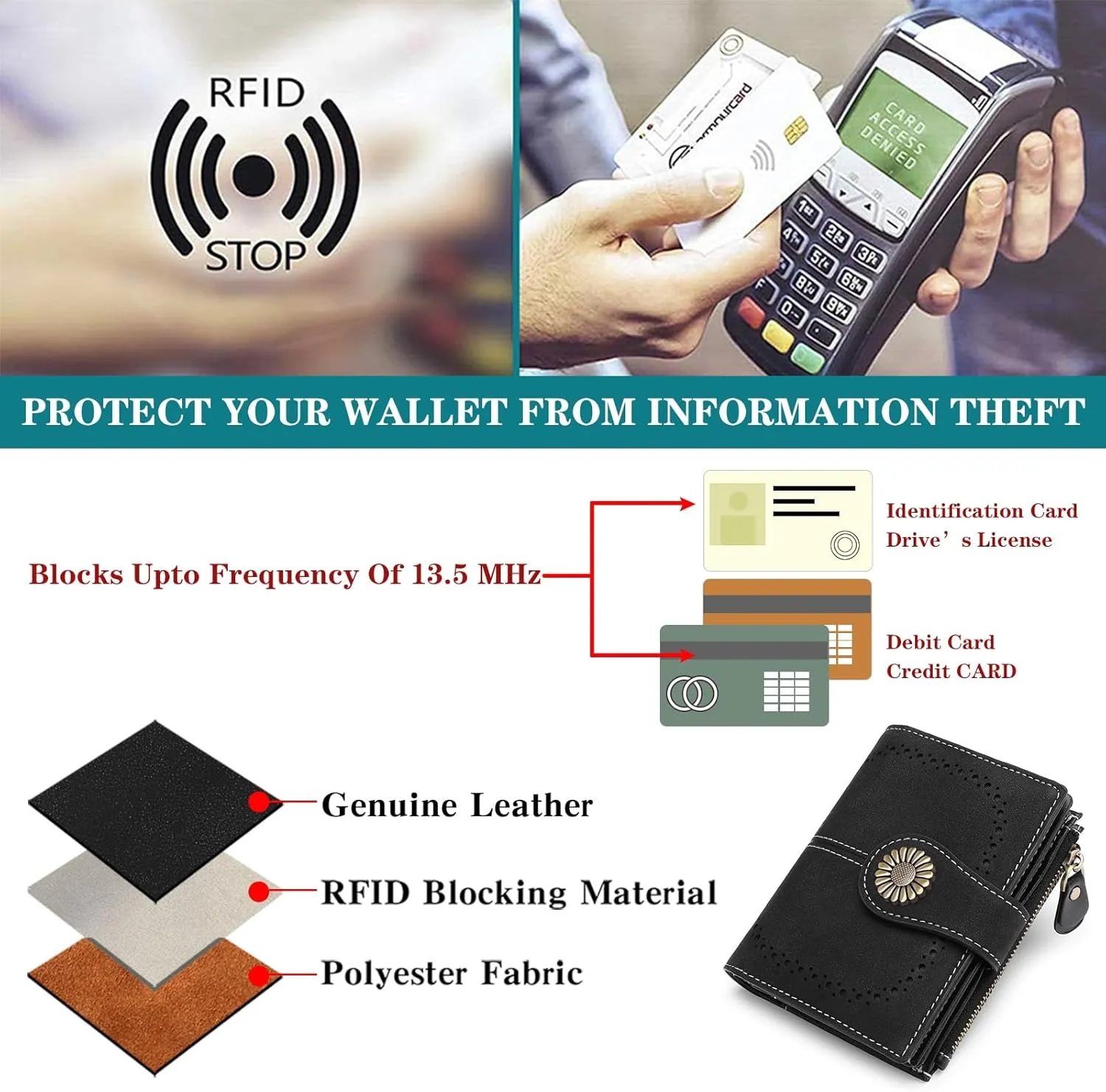 SENDEFN Small Wallets for Woman RFID Blocking Leather Bifold Credit Card Holder Purse with ID Window