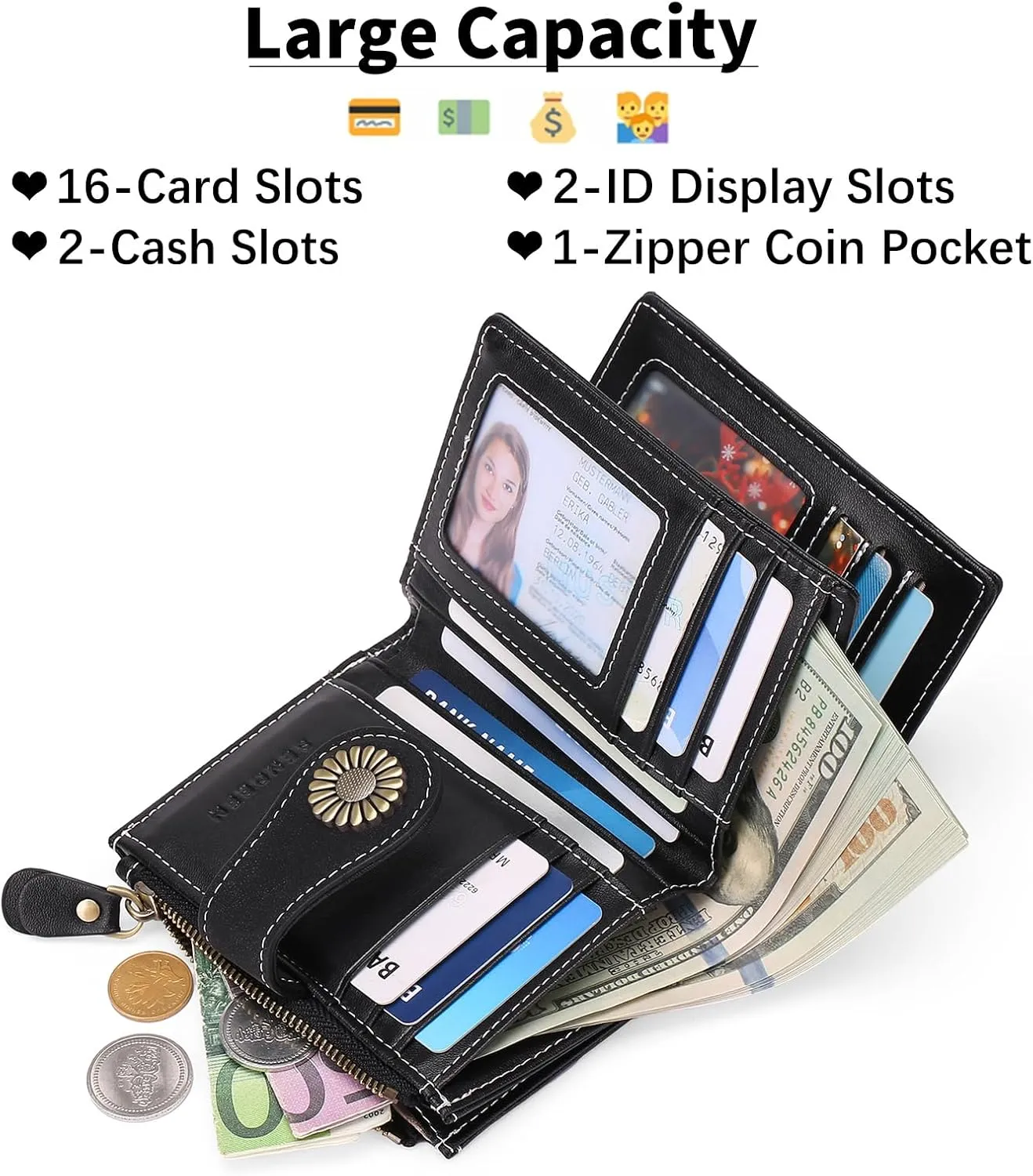 SENDEFN Small Wallets for Woman RFID Blocking Leather Bifold Credit Card Holder Purse with ID Window