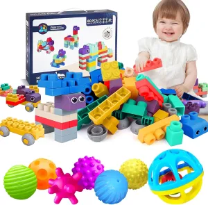 Sensory Balls for Baby & Soft Blocks for Toddlers Bundle – Montessori Toys, Educational Baby Sensory Balls & Soft Rubber Blocks for Babies 6-12 Months