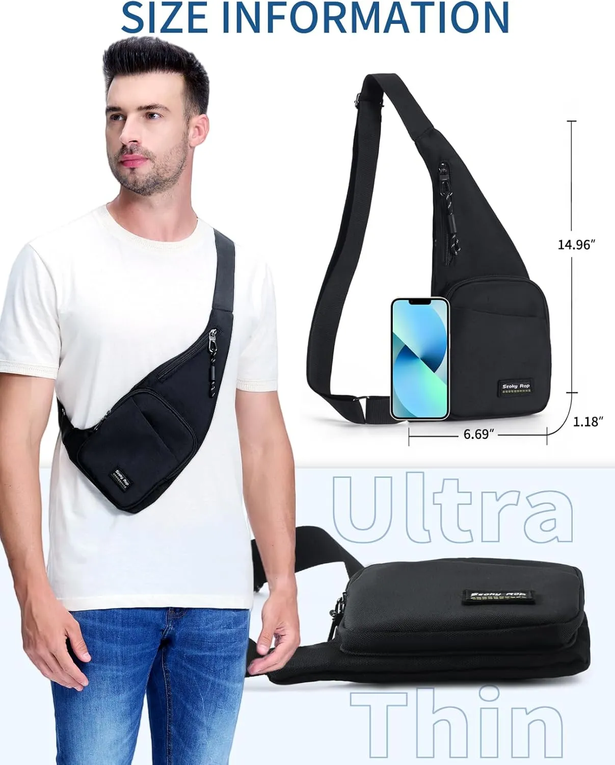 Seoky Rop Sling Bag for Men Women Slim Personal Purse Pocket Small Anti-Thief Crossbody Chest Bag for Travel Hiking Black