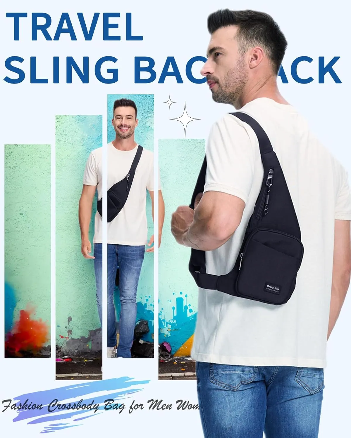 Seoky Rop Sling Bag for Men Women Slim Personal Purse Pocket Small Anti-Thief Crossbody Chest Bag for Travel Hiking Black
