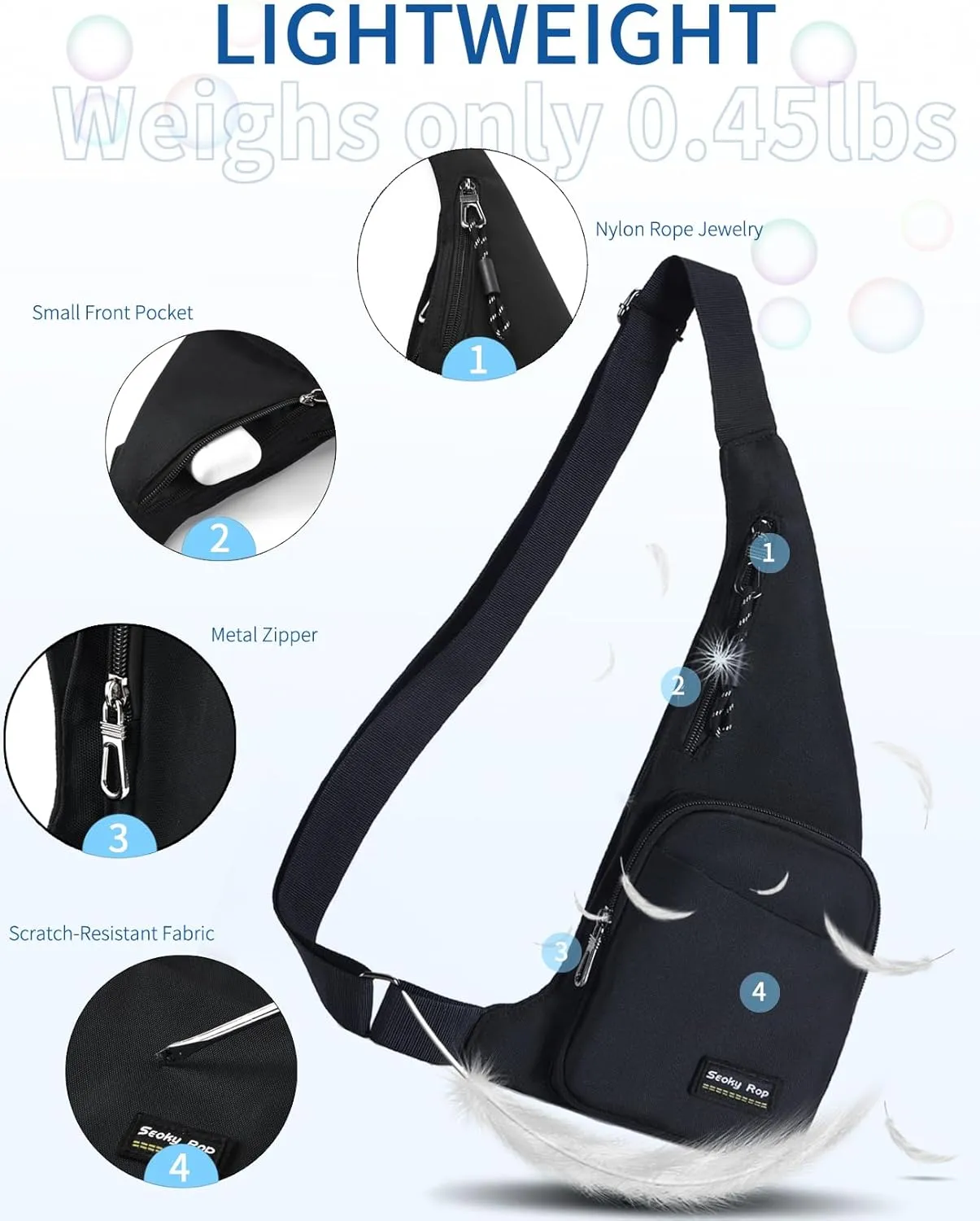 Seoky Rop Sling Bag for Men Women Slim Personal Purse Pocket Small Anti-Thief Crossbody Chest Bag for Travel Hiking Black