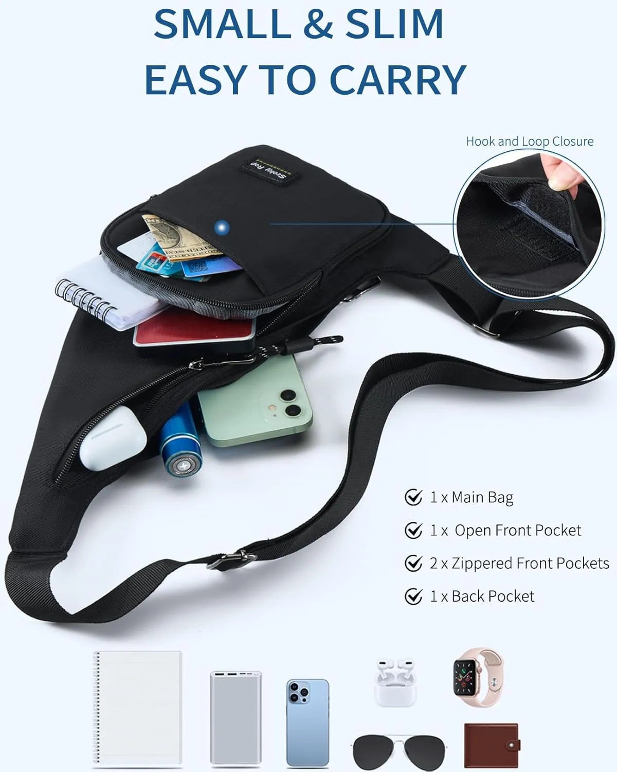 Seoky Rop Sling Bag for Men Women Slim Personal Purse Pocket Small Anti-Thief Crossbody Chest Bag for Travel Hiking Black