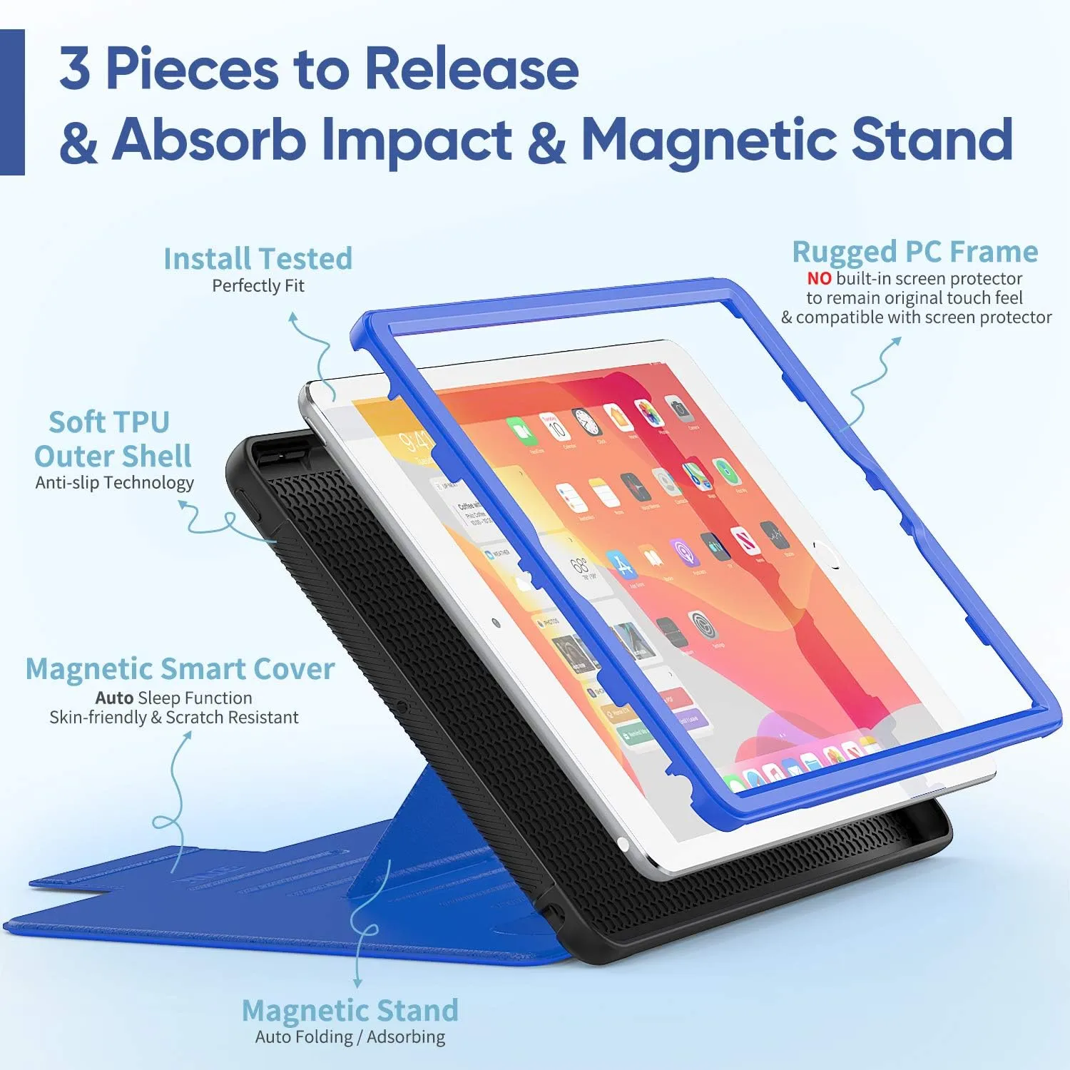 SEYMAC stock Case for iPad 9th/8th/7th Generation 10.2'', Strong Magnetic Auto Sleep Shockproof Case with Absorbing Multi-Angles Stand, Pen Holder, Card Slot (Blue)