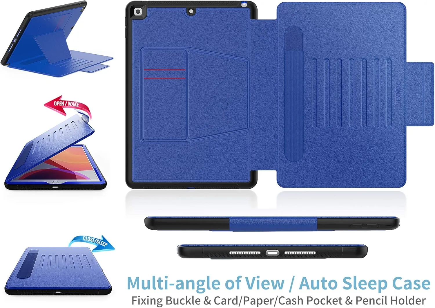 SEYMAC stock Case for iPad 9th/8th/7th Generation 10.2'', Strong Magnetic Auto Sleep Shockproof Case with Absorbing Multi-Angles Stand, Pen Holder, Card Slot (Blue)