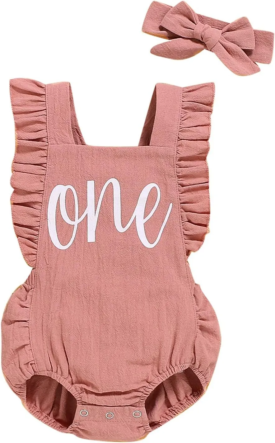 Shalofer Baby Girl First Birthday Outfit 1st Birthday Bodysuit with Headband