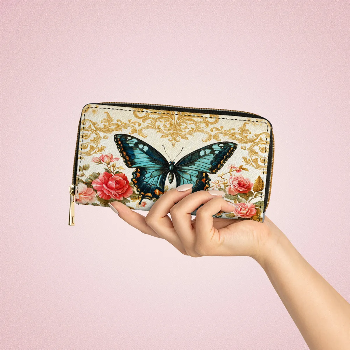 Shineful Leather Clutch Purse With Wristlet Strap Handle Butterfly Rose Whisper