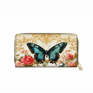 Shineful Leather Clutch Purse With Wristlet Strap Handle Butterfly Rose Whisper