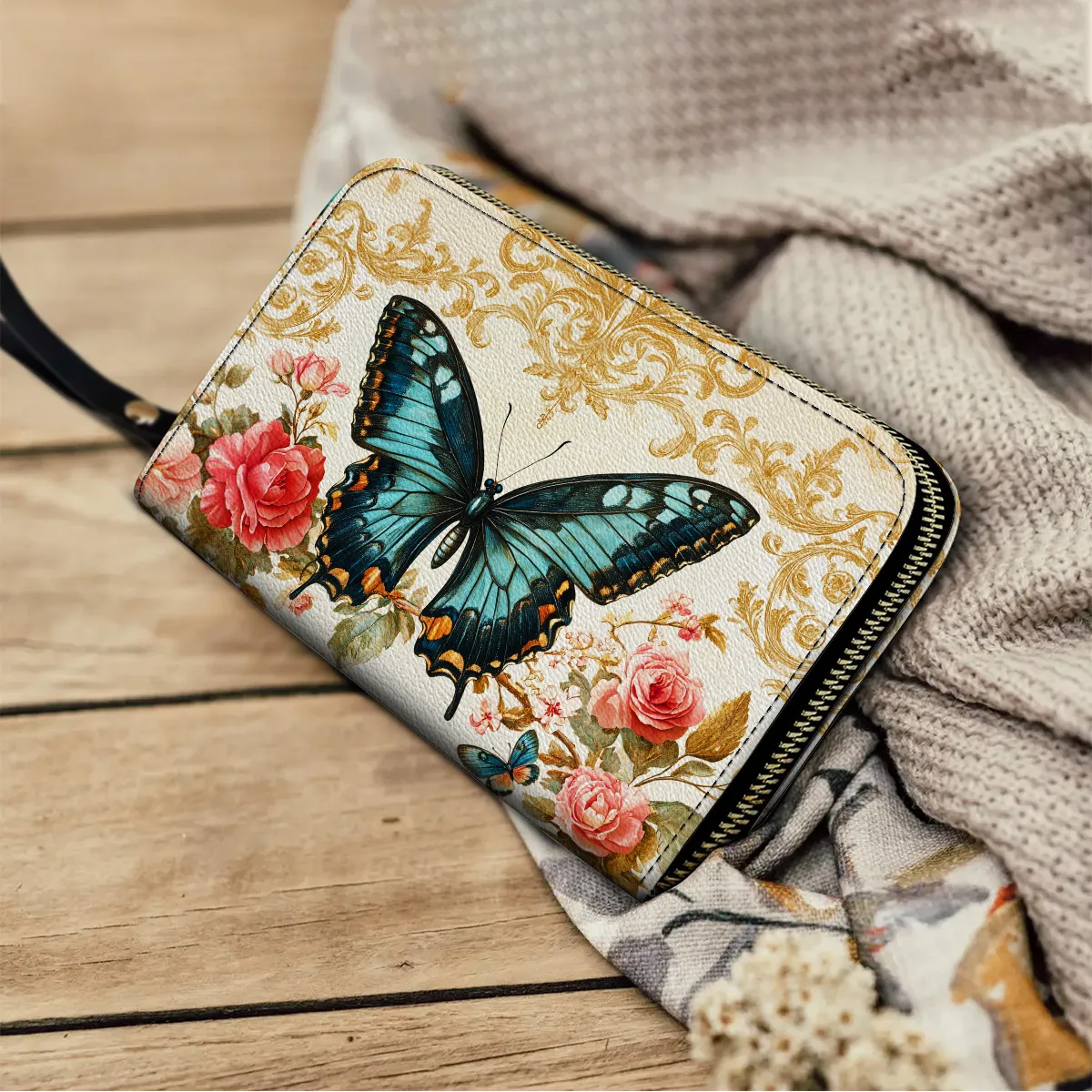 Shineful Leather Clutch Purse With Wristlet Strap Handle Butterfly Rose Whisper