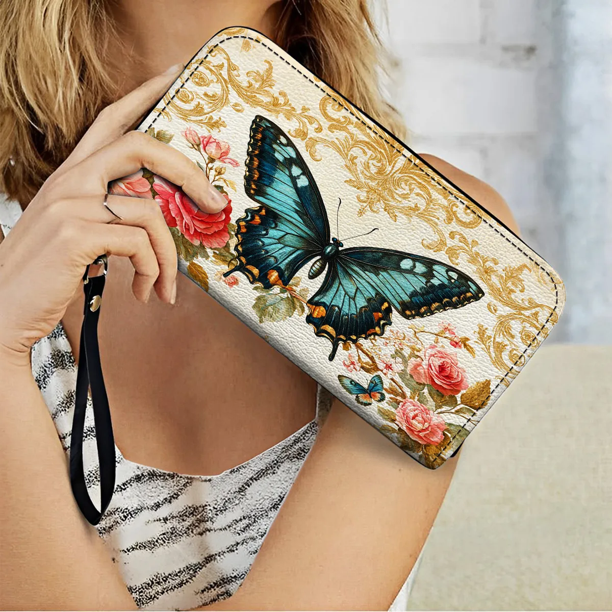 Shineful Leather Clutch Purse With Wristlet Strap Handle Butterfly Rose Whisper