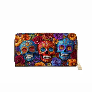 Shineful Leather Clutch Purse With Wristlet Strap Handle Vibrant Sugar Skull