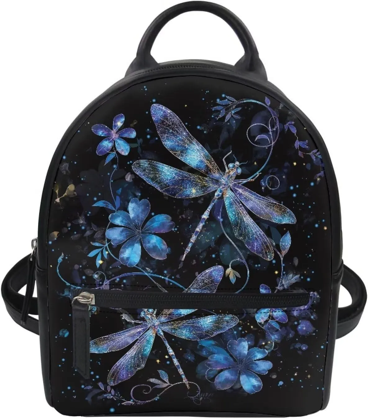Showudesigns Dragonfly Flower Backpack for Women Teens Girls Mini Backpack Purse Leather Shoulder Bag Small Backbag College School Bags Daypack Travel Accessories Black