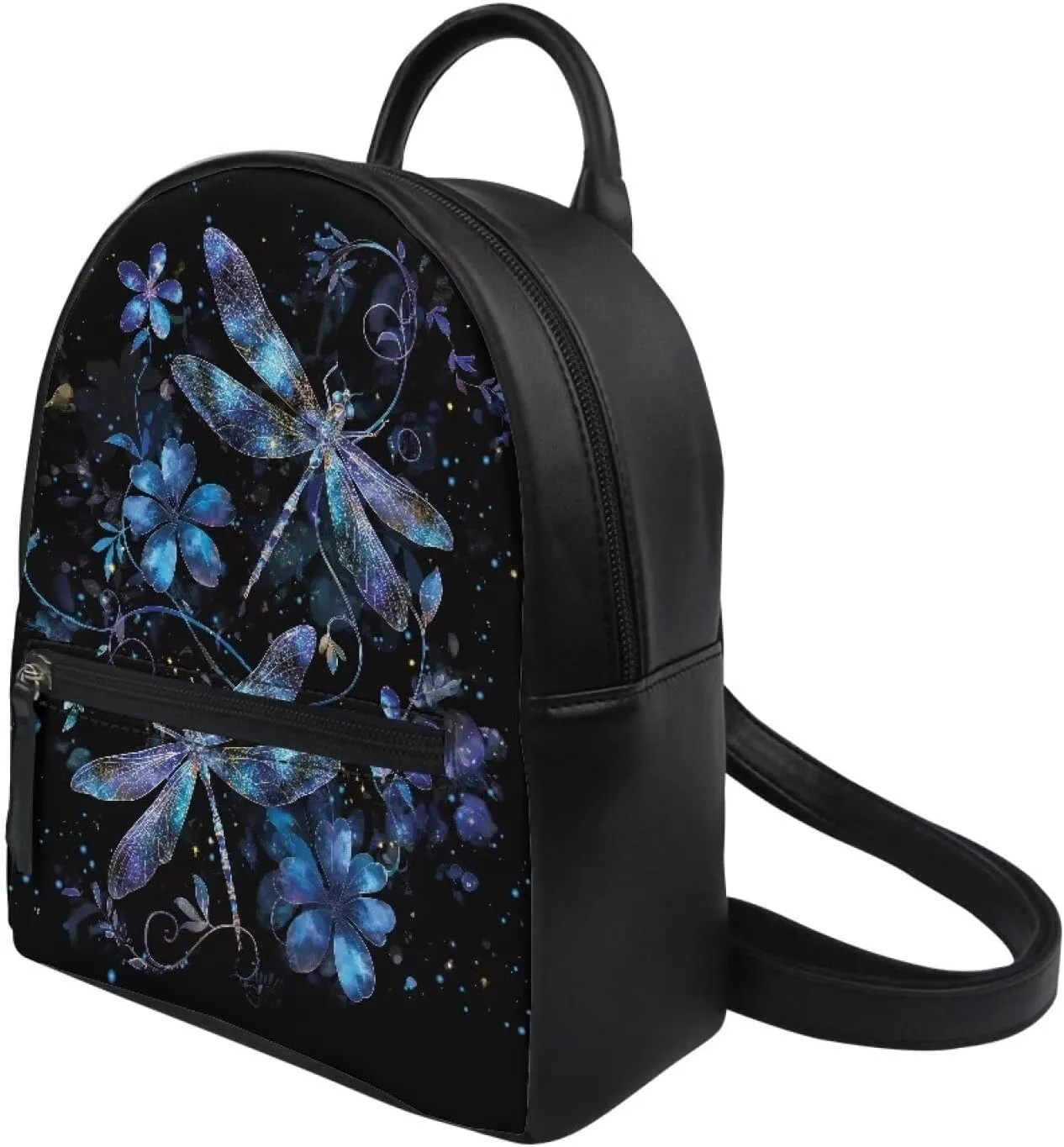 Showudesigns Dragonfly Flower Backpack for Women Teens Girls Mini Backpack Purse Leather Shoulder Bag Small Backbag College School Bags Daypack Travel Accessories Black