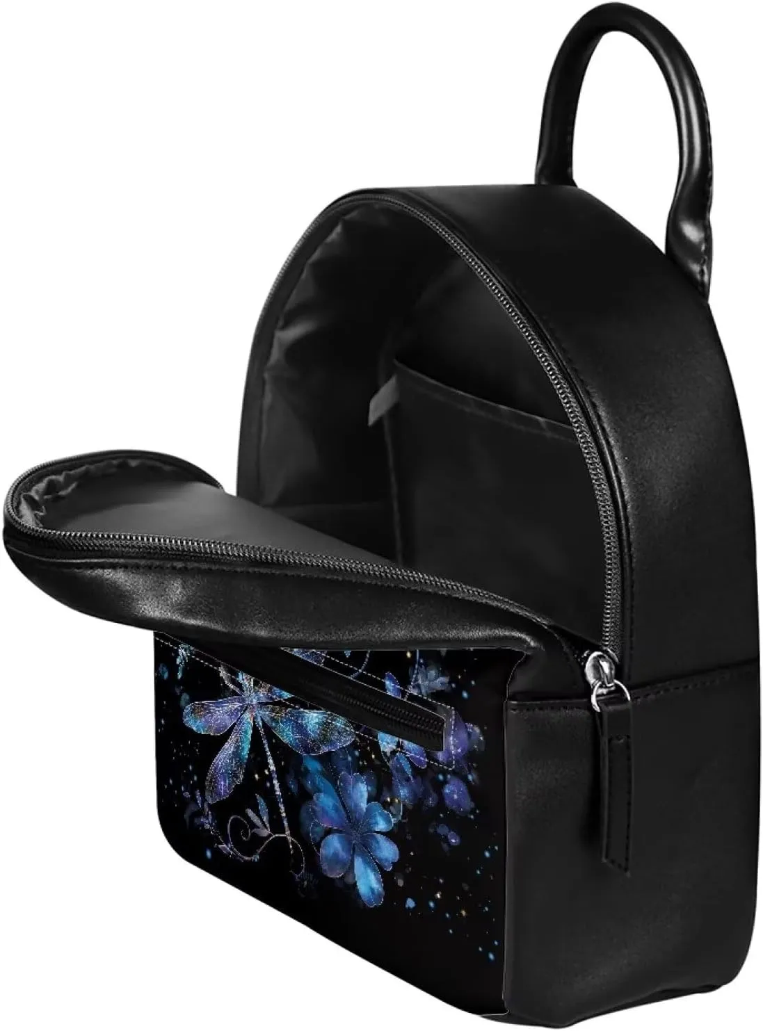 Showudesigns Dragonfly Flower Backpack for Women Teens Girls Mini Backpack Purse Leather Shoulder Bag Small Backbag College School Bags Daypack Travel Accessories Black