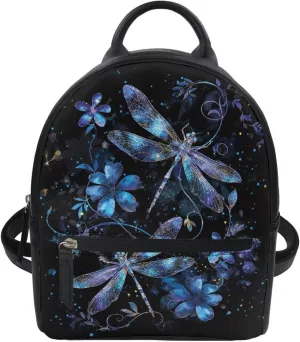Showudesigns Dragonfly Flower Backpack for Women Teens Girls Mini Backpack Purse Leather Shoulder Bag Small Backbag College School Bags Daypack Travel Accessories Black