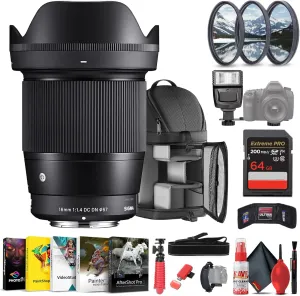 Sigma 16mm f/1.4 DC DN Contemporary Lens (Canon RF) 402972 Bundle Includes: Backpack, Flash,Memory Card, Filter Kit, Card Wallet, 12 Inch Tripod, Card Reader, Blower Brush, Lens Pen, Neck Strap  More