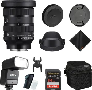 Sigma 24-70mm f2.8 DG DN II Art Lens Sony E, Full Frame Format, Six SLD Elements, Rounded 11-Blade, Godox Flash TT350S Mini, 64GB Extreme PRO Memory Card & Waith Cleaning Cloth (Bundle Set)