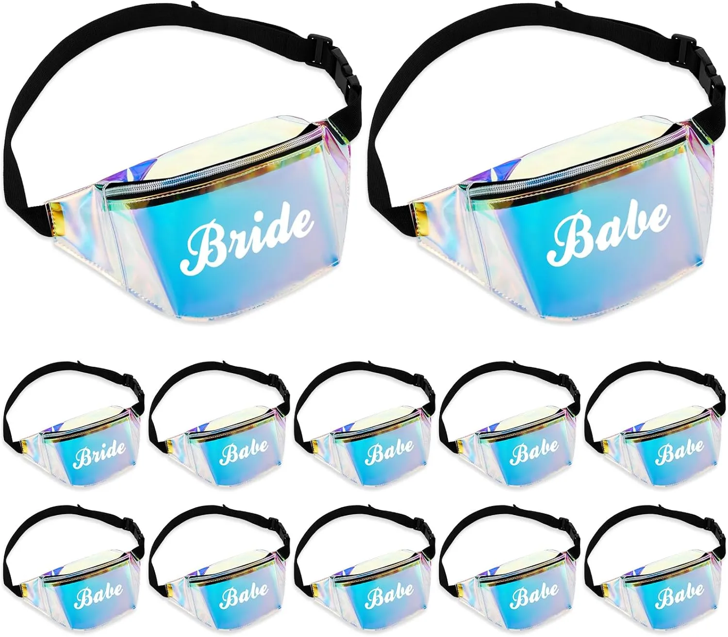 Silkfly 12 Pcs Bachelorette Party Fanny Pack Holographic Clear Fanny Pack Set Bridesmaid Gifts Bride Babe Fanny Bags with Adjustable Belt Laser Waist Bag for Bridal Shower Wedding Party Favors