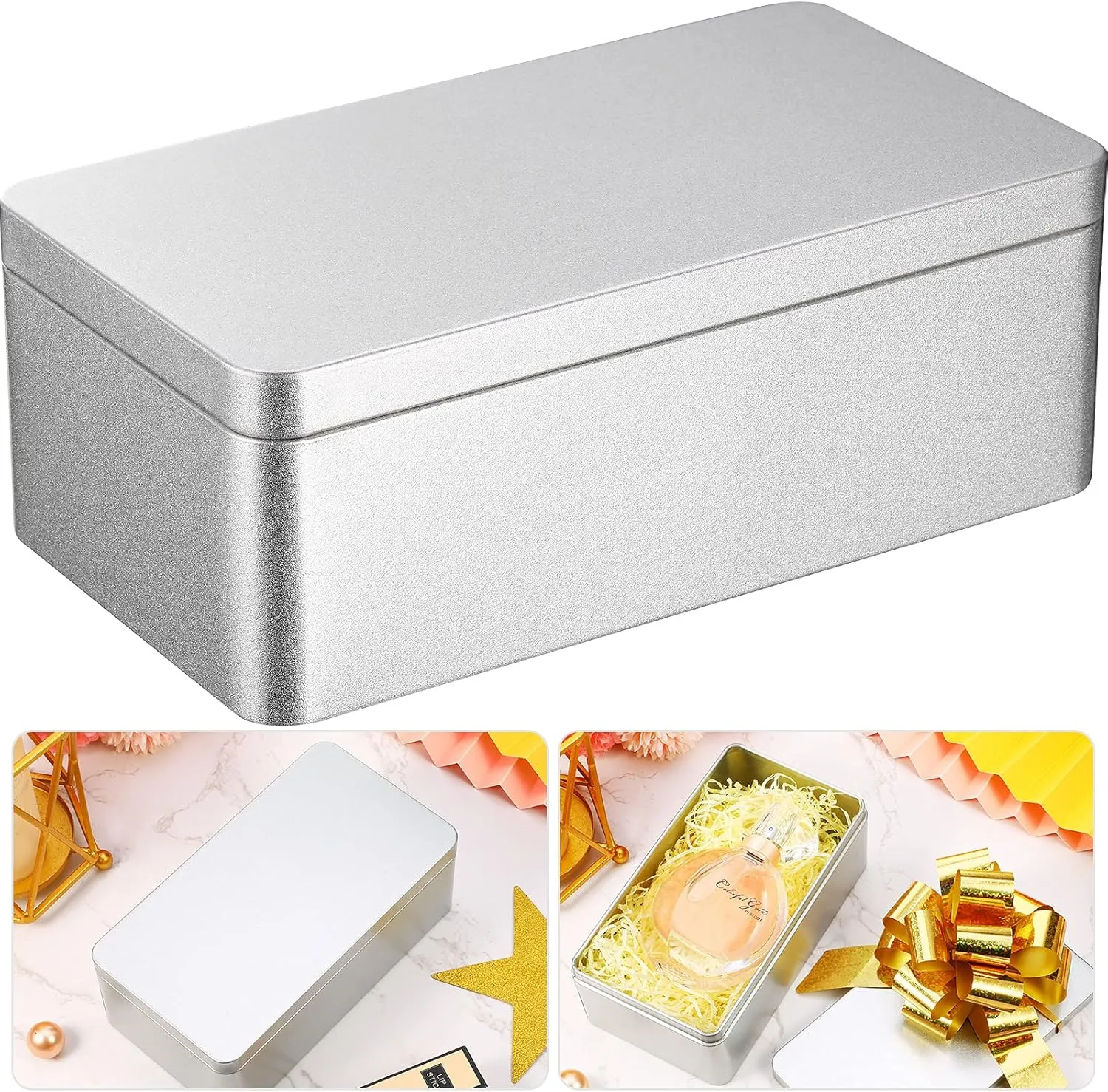 Silver Rectangular Empty Tin Box Containers, Gift, Jewelery and Storage Tin Kit, Home Organizer (7 x 3.8 x 2.5 Inch)