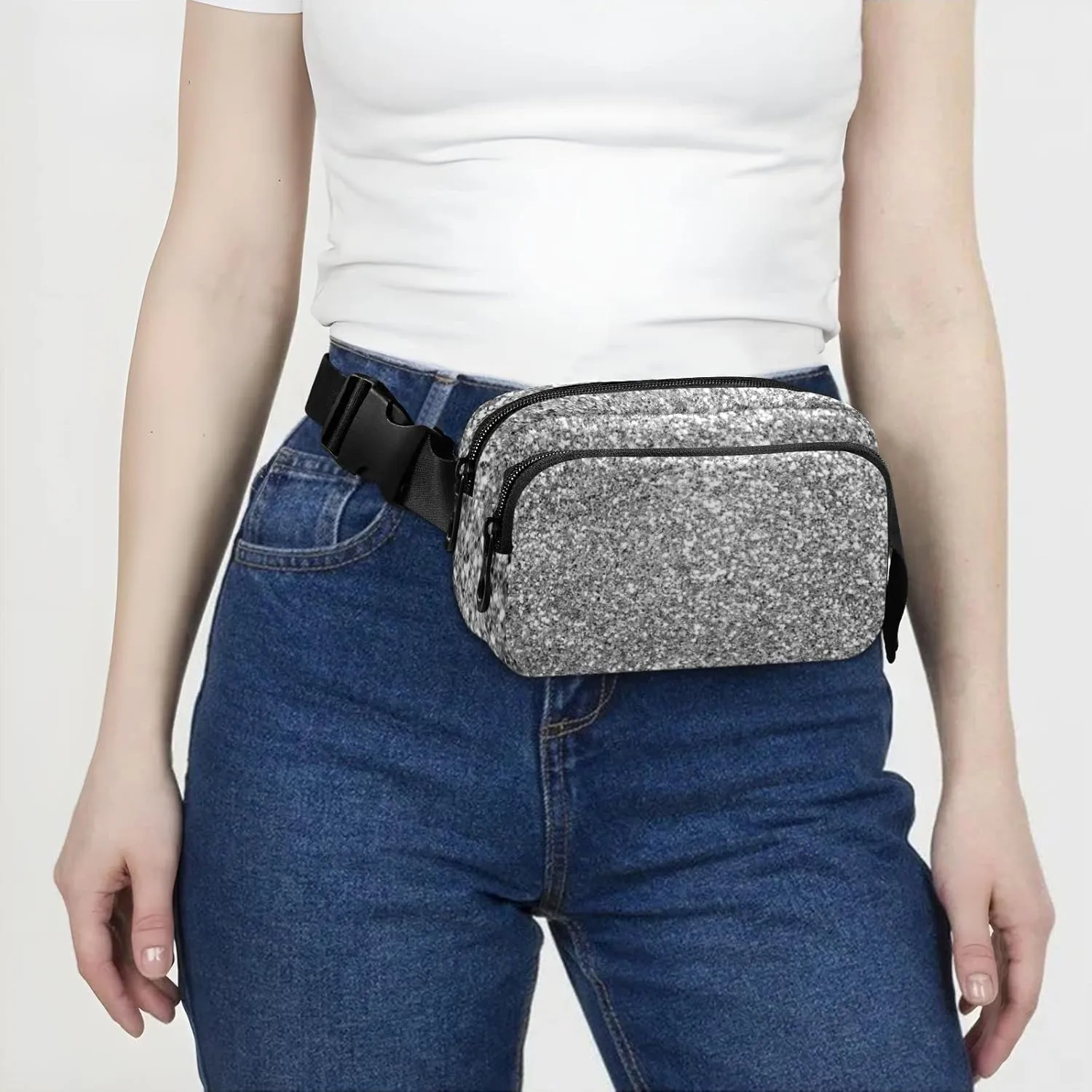 Silver White Shiny Glittering Background Yellow Holiday Tinsel Adjustable Belt Running Bag, Crossbody Fanny Pack Waist Runners Bag Tote for Women Men Sports Hiking Fitness Exercise Gym Pouch