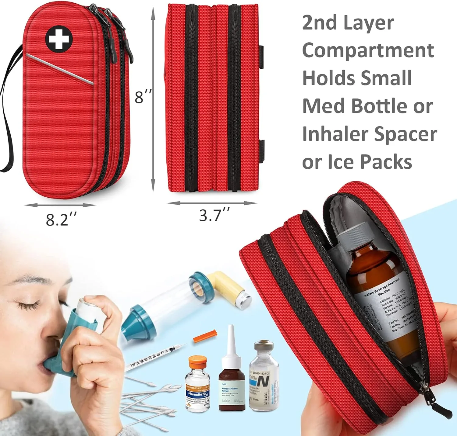 SITHON Double-Layer Epipen Carrying Case, Travel Medication Organizer Bag Emergency Medical Pouch Holds 2 EpiPens, Asthma Inhaler, Anti-Histamine, Auvi-Q, Allergy Medicine Essentials (Red)