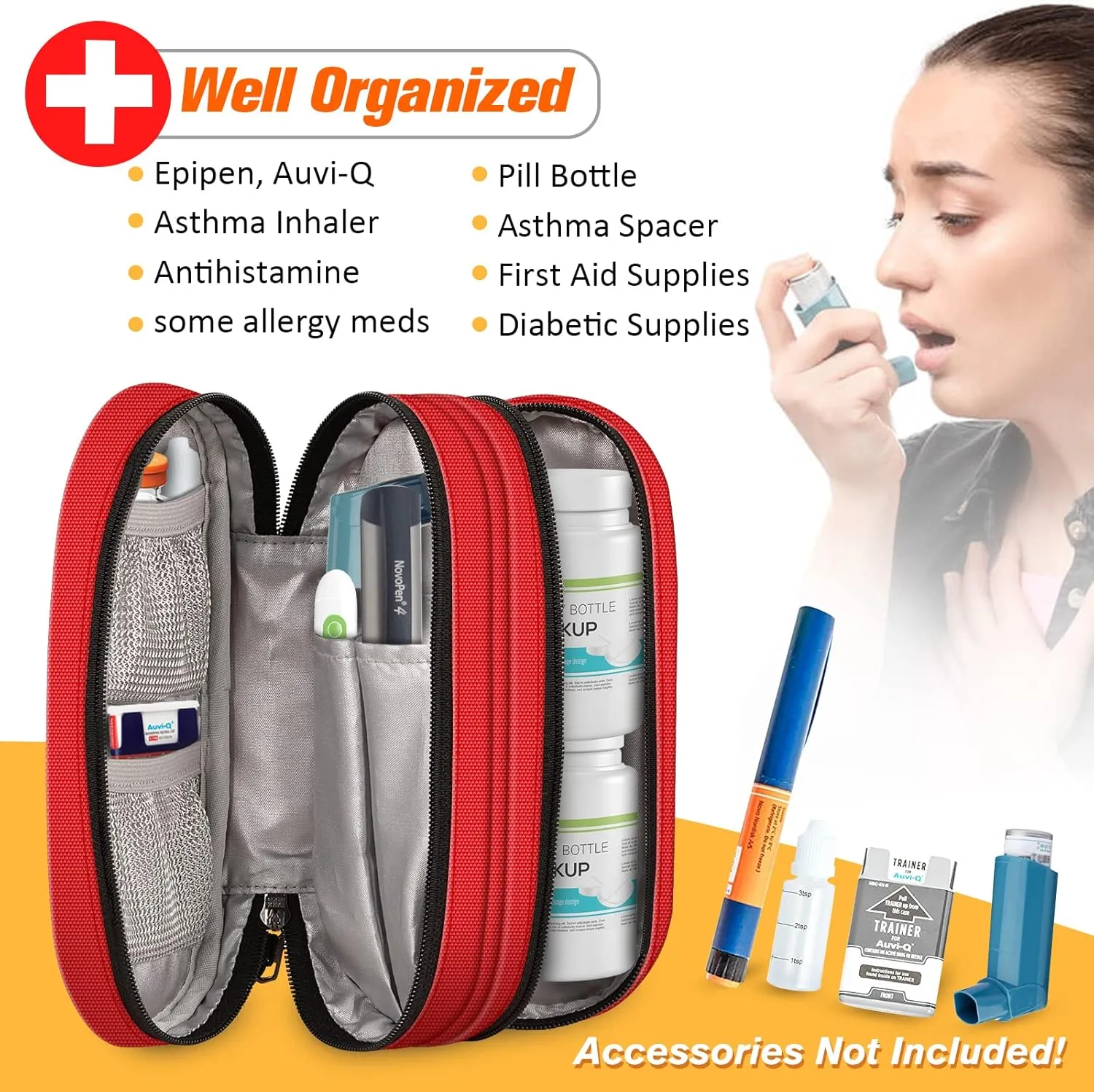 SITHON Double-Layer Epipen Carrying Case, Travel Medication Organizer Bag Emergency Medical Pouch Holds 2 EpiPens, Asthma Inhaler, Anti-Histamine, Auvi-Q, Allergy Medicine Essentials (Red)