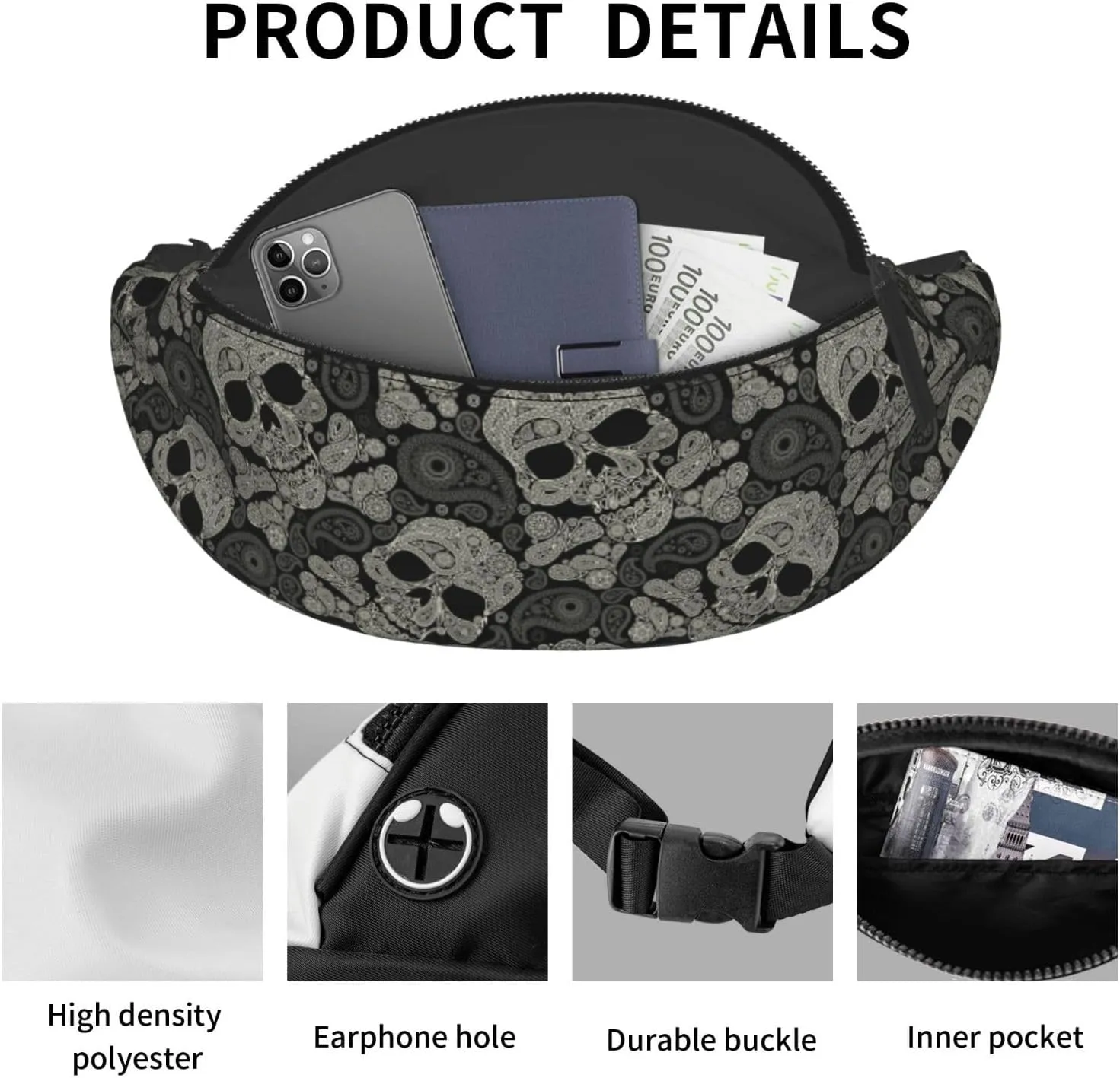 Skull Paisley Halloween Fashion Casual Fanny Pack Waist Bag Men Women Adjustable Belt Waist Bag For Travel Hiking Cycling Running Festival Carnival