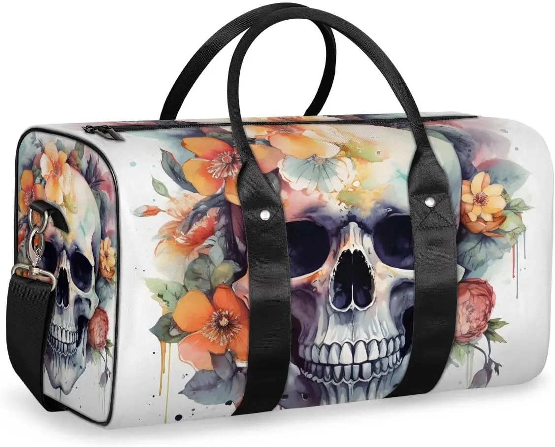Skull With Flowers Travel Duffel Bag for Women Men Waterproof Foldable Overnight Weekender Bag Large Capacity Sports Gym Bag
