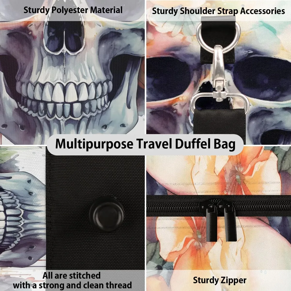 Skull With Flowers Travel Duffel Bag for Women Men Waterproof Foldable Overnight Weekender Bag Large Capacity Sports Gym Bag