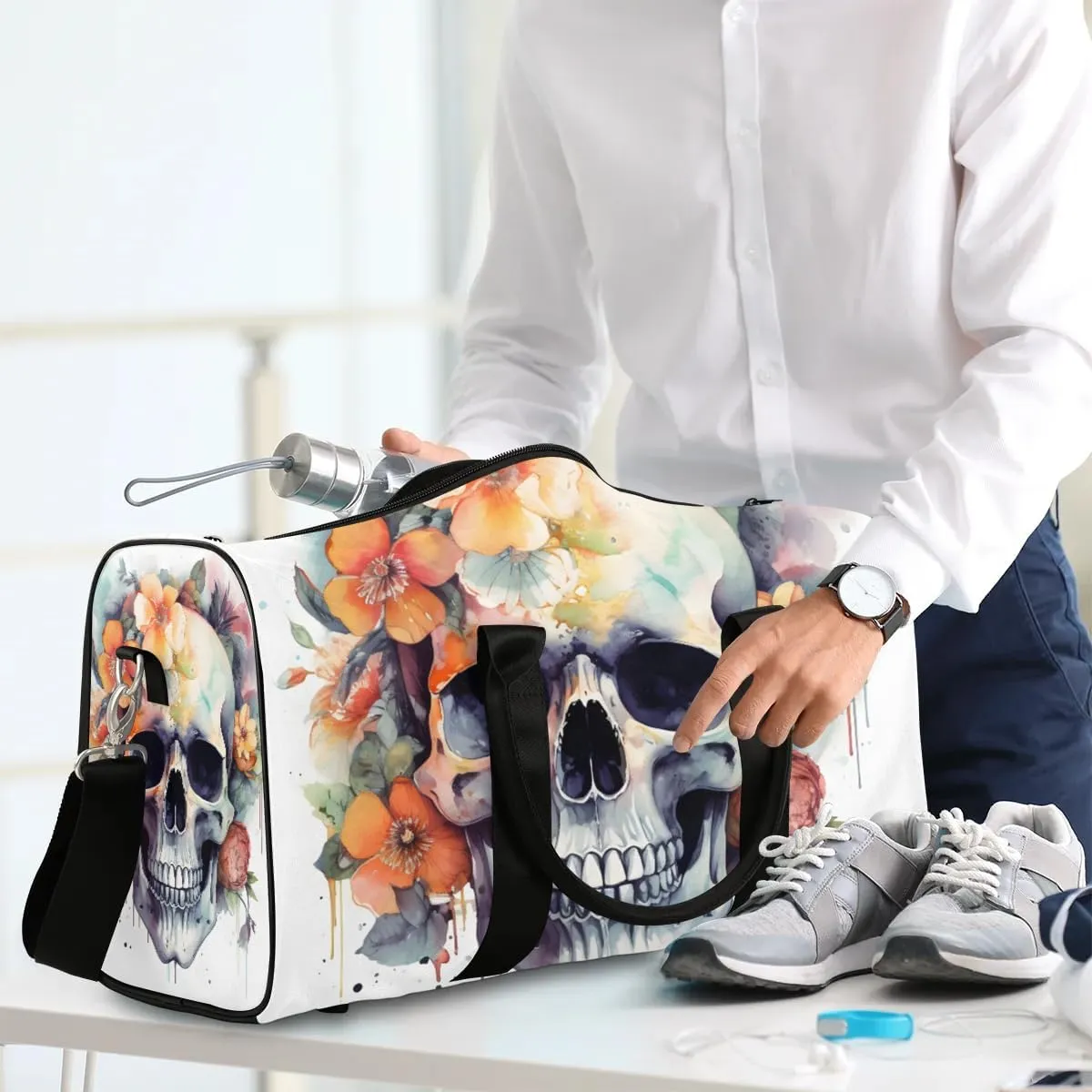 Skull With Flowers Travel Duffel Bag for Women Men Waterproof Foldable Overnight Weekender Bag Large Capacity Sports Gym Bag