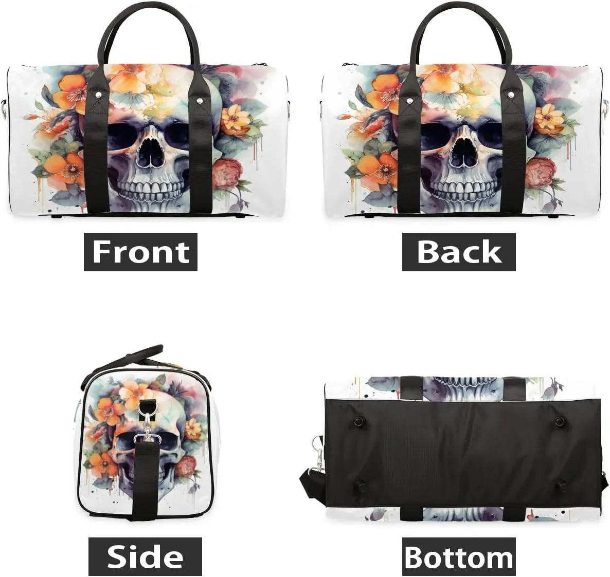 Skull With Flowers Travel Duffel Bag for Women Men Waterproof Foldable Overnight Weekender Bag Large Capacity Sports Gym Bag