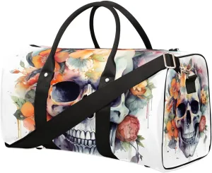 Skull With Flowers Travel Duffel Bag for Women Men Waterproof Foldable Overnight Weekender Bag Large Capacity Sports Gym Bag