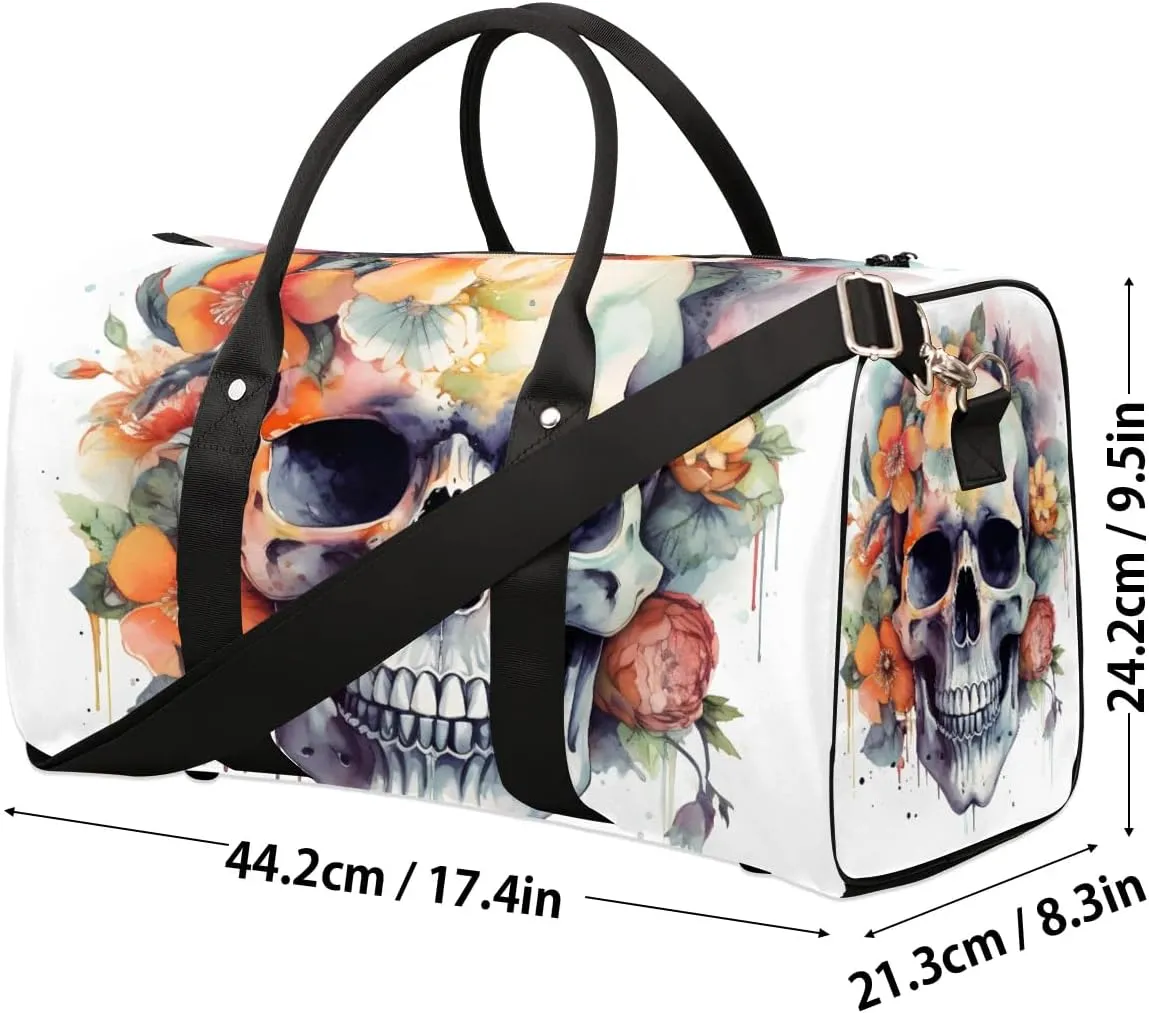 Skull With Flowers Travel Duffel Bag for Women Men Waterproof Foldable Overnight Weekender Bag Large Capacity Sports Gym Bag