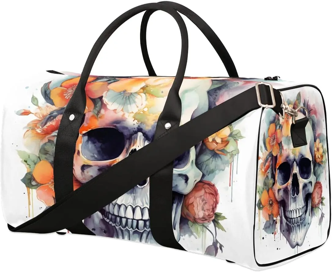 Skull With Flowers Travel Duffel Bag for Women Men Waterproof Foldable Overnight Weekender Bag Large Capacity Sports Gym Bag