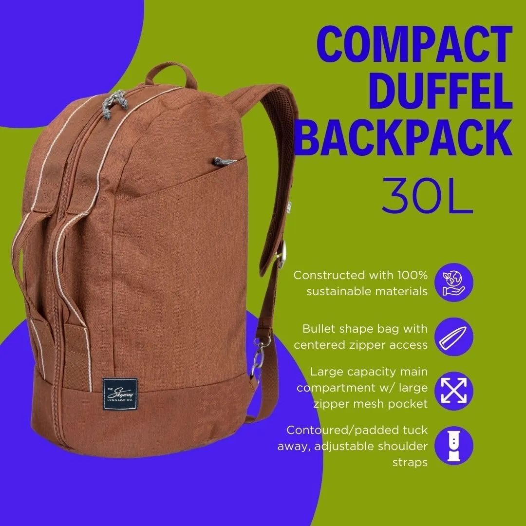 Skyway Luggage Rainier Compact Duffel Backpack, Eco-Friendly, Made of 100% rPET Travel Laptop Bag for Women & Men, Flight Approved Carry On Bag, 30L, Moab Red